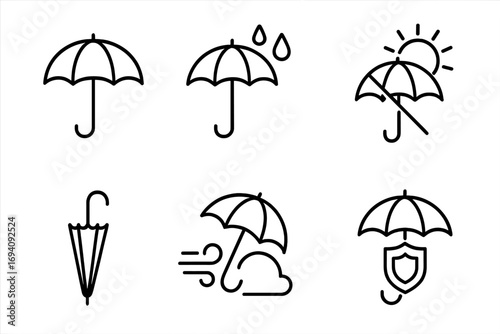 Vector umbrella icon collection. Rain, sun, wind, weather forecast symbols. Insurance, security, safety outline sign for web design, apps. Parasol pictogram illustration.
