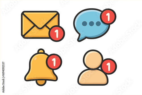 Notification icon set for social media alerts. New message, email, friend request, and reminder bell icons. User interface elements for web and app design. Vector cartoon.