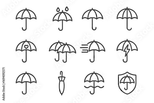 Umbrella line icon set vector. Weather, protection, insurance concept symbols. Thin icons for rain, storm, wind, sun, safety. Editable stroke pictogram for web, app design.