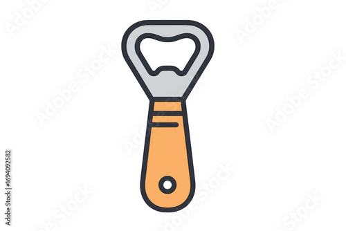Bottle opener vector icon. Beer or soda bottle cap remover tool. Flat line cartoon illustration for bar, pub, or kitchenware. Isolated beverage accessory graphic element.