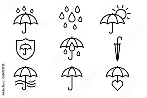 Umbrella line icon set. Weather pictograms collection. Rain, sun, wind, and storm symbols. Protection, safety, security, and insurance concept. Love and care sign.