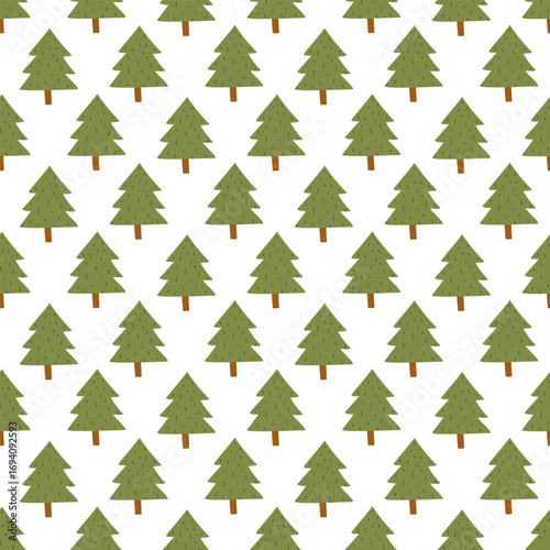 Pattern of triangular pyramids of Christmas trees, bright green. Dense forest on white. Flat colored seamless texture. Natural forest motifs. Design for picnic, camping, and forest walks