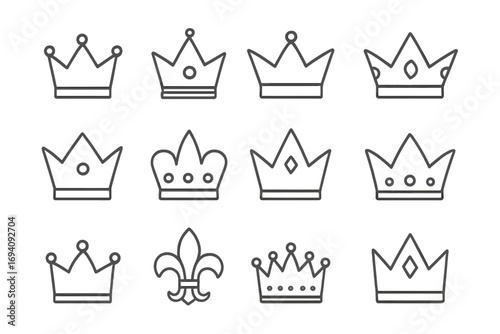 Crown line icon set. Royal crowns and fleur-de-lis outline symbols for logo design. King, queen, and princess tiara vector collection for luxury and premium branding.