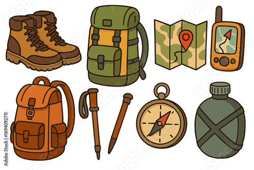 Outdoor adventure gear for hiking, trekking and exploration. Vector cartoon set with boots, backpack, map, GPS, and compass. Survival equipment and navigation tools icons.