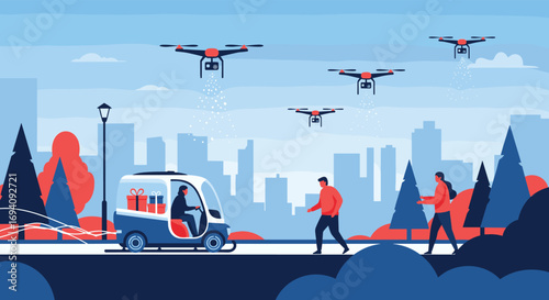 Future of urban logistics drones and autonomous vehicles delivering goods to customers in a city landscape