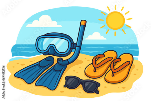 Summer vacation beach essentials. Snorkeling gear including mask, snorkel and fins, sunglasses and flip flops on a sandy ocean shore. Sunny day holiday vector illustration.