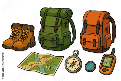Outdoor adventure gear set for hiking, camping, and exploration. Vector cartoon illustration with boots, backpacks, map, compass, and GPS navigation tools. Flat design icons.
