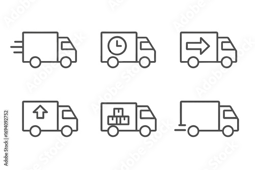 Delivery truck icon set for logistics and shipping. Thin line vector symbols of fast transport, cargo van, and timely service. Editable stroke outline graphic for web and apps.