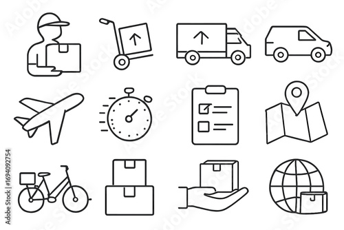 Delivery and transportation line icon set. Logistics, shipping, and courier service outline symbols. Vector signs for web, apps. Fast delivery, tracking, and global concept.