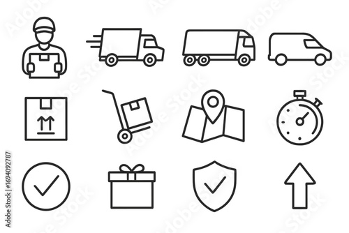 Delivery and transportation line icon set. Logistics and shipping service outline symbols. Courier, truck, package, and tracking signs for web design, apps, and e-commerce.