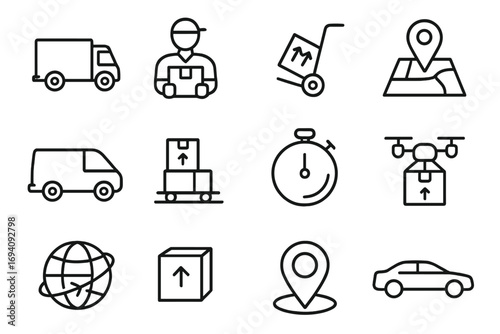 Delivery and transportation line icon set. Logistics, shipping, and courier service symbols. Vector outline icons for e-commerce, web design, apps. Fast delivery, drone, tracking.