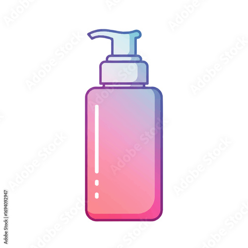 Illustration of a gradient pink and purple bottle with a pump dispenser, isolated on a white background.
