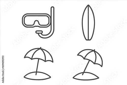 Beach vacation line icon set. Summer travel outline symbols for web and graphic design. Diving mask, surfboard, and sun umbrella vector icons for watersport, apps or infographics.