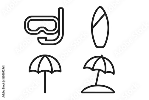 Summer beach vacation icon set. Modern outline style icons of a diving mask, surfboard, and sun umbrella. Simple line art vector for travel, sea, and holiday graphic design.