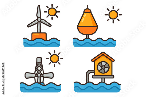 Renewable energy icons set. Marine, ocean, and sea power technologies. Offshore wind turbine, wave energy converter, tidal power generator. Flat vector cartoon illustration.