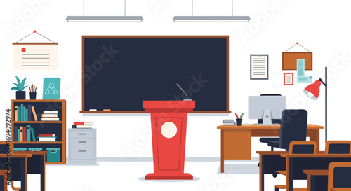A modern classroom setup with a lectern and furniture ready for learning and education