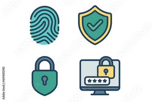 Cybersecurity icon set. Fingerprint biometric authentication, secure shield, privacy padlock, and computer password access. Data protection and internet safety concepts. Flat design vector.