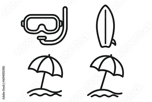 Summer beach vacation icon set. Outline symbols for diving, snorkeling, surfing. Vector line art illustration of a diving mask, surfboard, and beach umbrella for web design.