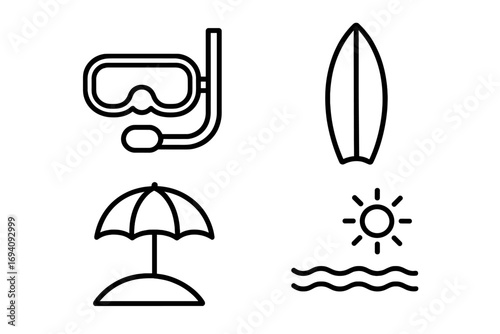 Summer beach vacation line icon set. Diving mask, snorkel, surfboard, sun, and wave symbols. Thin line art for web and graphic design. Sea and ocean travel concept vector.