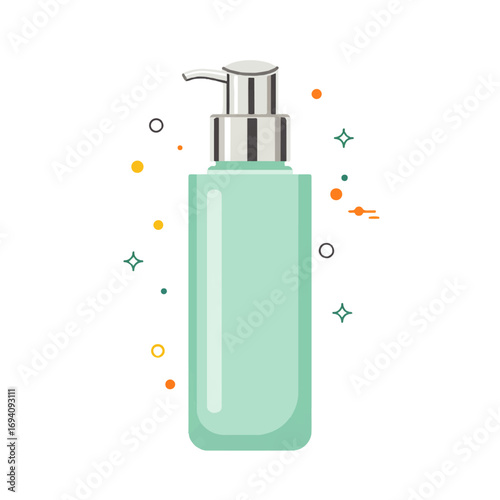 Illustration of a light green pump bottle with a silver dispenser, surrounded by colorful abstract shapes and sparkles.