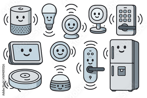 Smart home device icon set. Cute cartoon characters for home automation and IoT concept. Vector illustration of smart speaker, lock, camera, lightbulb, fridge, robot vacuum.