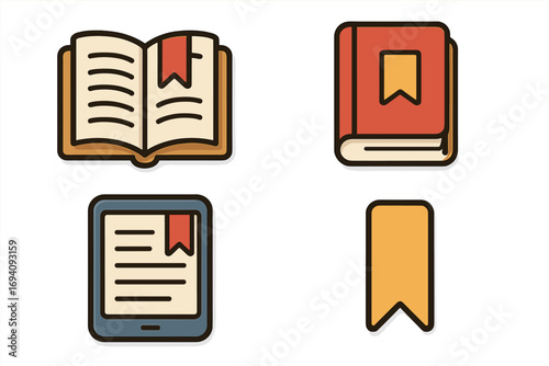 Reading and literature icon pack. Cartoon vector set with open book, closed book, e-reader and bookmark symbols. For education, study, library, learning and digital ebook concepts.