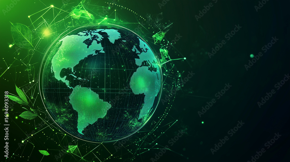 Obraz premium Abstract globe with green elements on dark background representing Earth 