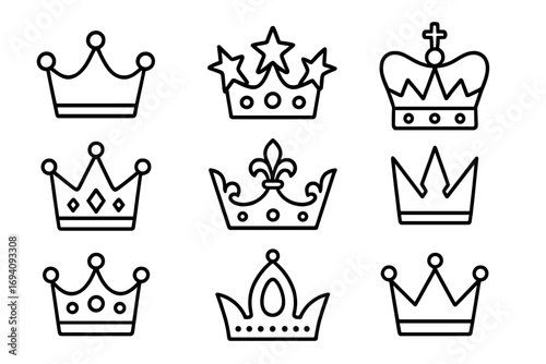 Crown line icon set. Royal king, queen, princess symbol collection. Monarchy, power, luxury and winner concept. Simple outline vector illustration for logo, web, app design.
