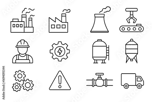 Vector factory line icon set. Manufacturing, production, and industry symbols. Includes worker, robotic arm, conveyor belt, truck, energy, and machinery outline icons.