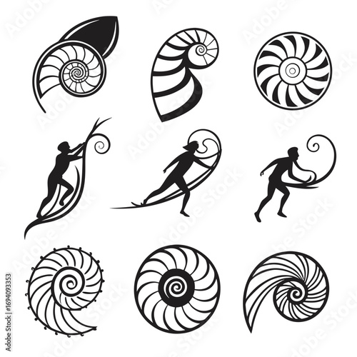 Abstract swirling shapes and human figures spiral nautilus