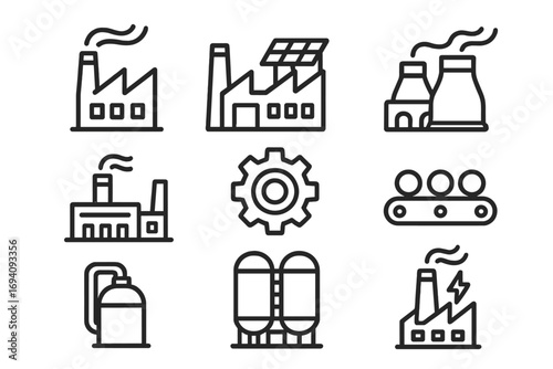 Factory and industry outline icon set. Vector collection of industrial symbols like power plant, solar energy, gear, and conveyor belt for web and app design. Production.