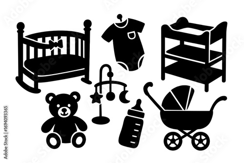 Baby nursery essentials silhouette set. Vector icons of newborn furniture and accessories. Includes crib, stroller, teddy bear, bottle, mobile, and changing table.