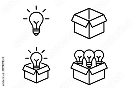 Thinking outside the box icon set. Light bulb in box as metaphor for creativity, innovation, and new ideas. Solution packaging and brainstorming concept vector icons.