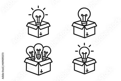 Thinking outside the box icon set. Light bulb in a box metaphor for new idea, innovation, creativity, and solution. Unboxing a brilliant concept. Outline vector signs.