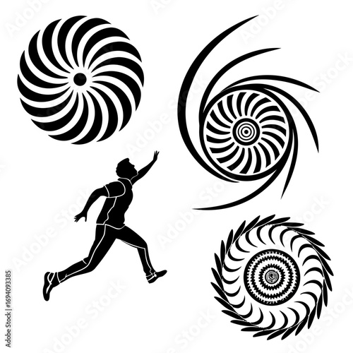 Abstract swirling vortex shapes and reaching figure