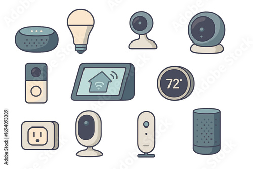 Smart home devices icon set. Home automation technology collection. Vector illustration of IoT gadgets like speaker, camera, lightbulb, thermostat, doorbell, and smart display.