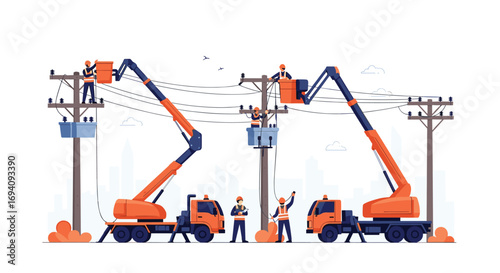 Utility workers perform overhead power line maintenance with bucket trucks and specialized equipment