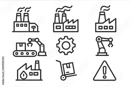 Industrial factory icon set. Manufacturing and production line icons. Automation with robotic arm, conveyor belt, and gear. Logistics and warning sign. Vector outline style.