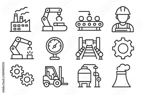 Factory and industry line icon set. Manufacturing, production, automation concepts. Outline vector icons like robotic arm, conveyor belt, worker, forklift, and gear.