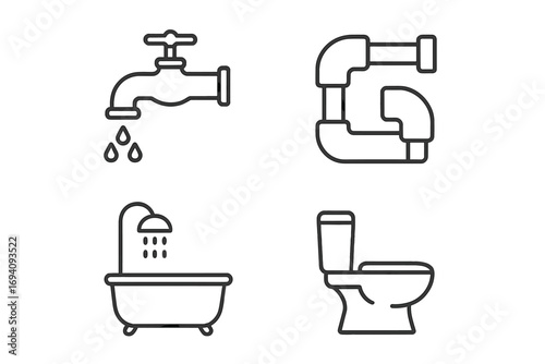 Plumbing service line icons set. Bathroom, toilet, faucet, shower, and pipework symbols. Thin line vector pictograms for plumbing repair, water and sanitation concepts.