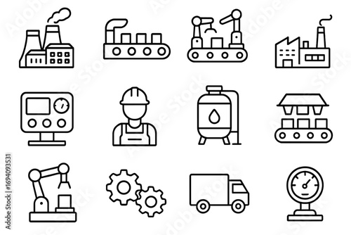 Factory industry line icon set. Manufacturing, automation, and production line symbols. Vector outline illustrations of conveyor, robot arm, worker for web and graphic design.