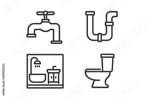 Plumbing service line icon set. Faucet, pipes, toilet, bathroom, shower pictogram collection. Sanitary ware outline symbols. Water tap, sink, plumbing repair vector elements.