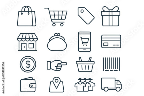 Shopping and e-commerce line icon set. Vector symbols for retail, online store, business. Includes cart, bag, payment, delivery icons. Editable stroke for web, UI, UX, and apps.