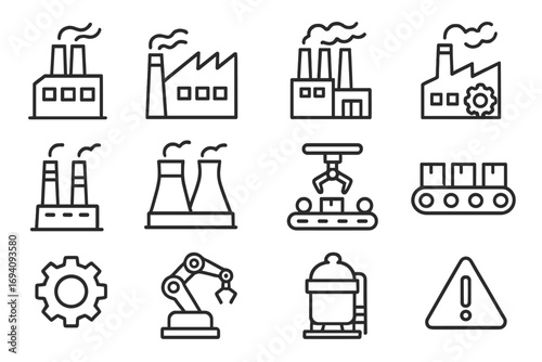 Industrial factory line icon set. Manufacturing, production, automation. Vector symbols of robotic arm, conveyor belt, power plant. Outline signs for web and graphic design.