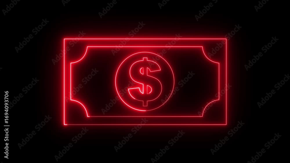 glowing neon dollar banknote icon animation on black background. dollar ...