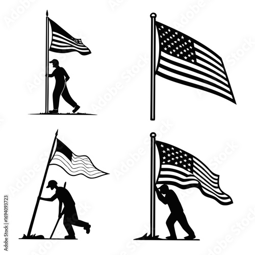 American flag silhouettes with figures waving flag