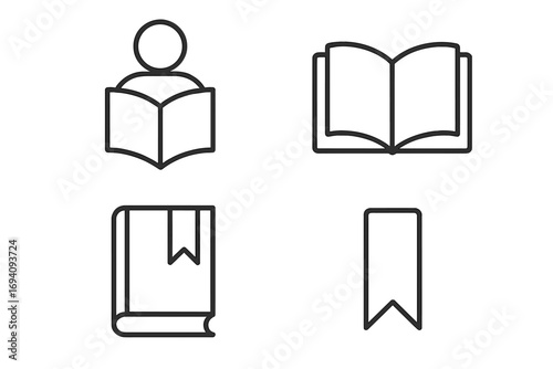 Reading icons set. Simple linear vector illustration of education and learning concepts. Includes person reading, open book, closed book with bookmark for library graphics and apps.