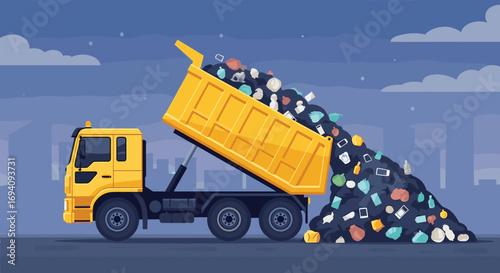 A bright yellow dump truck unloads a large pile of colorful trash and debris onto a dark ground at dusk