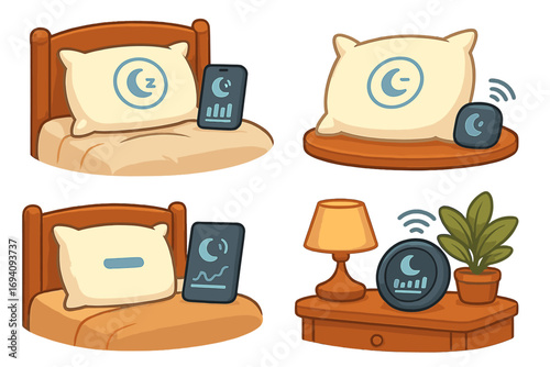 Smart pillow and sleep tracker device set for monitoring sleep quality. Vector illustration concept of health tech, IoT, and smart bedroom for better rest and wellness.