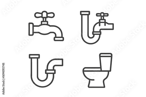 Plumbing line icon set with faucet, pipes, and toilet. Bathroom and sanitary engineering linear pictograms. Water tap and pipeline symbols for web design, apps, and cards.